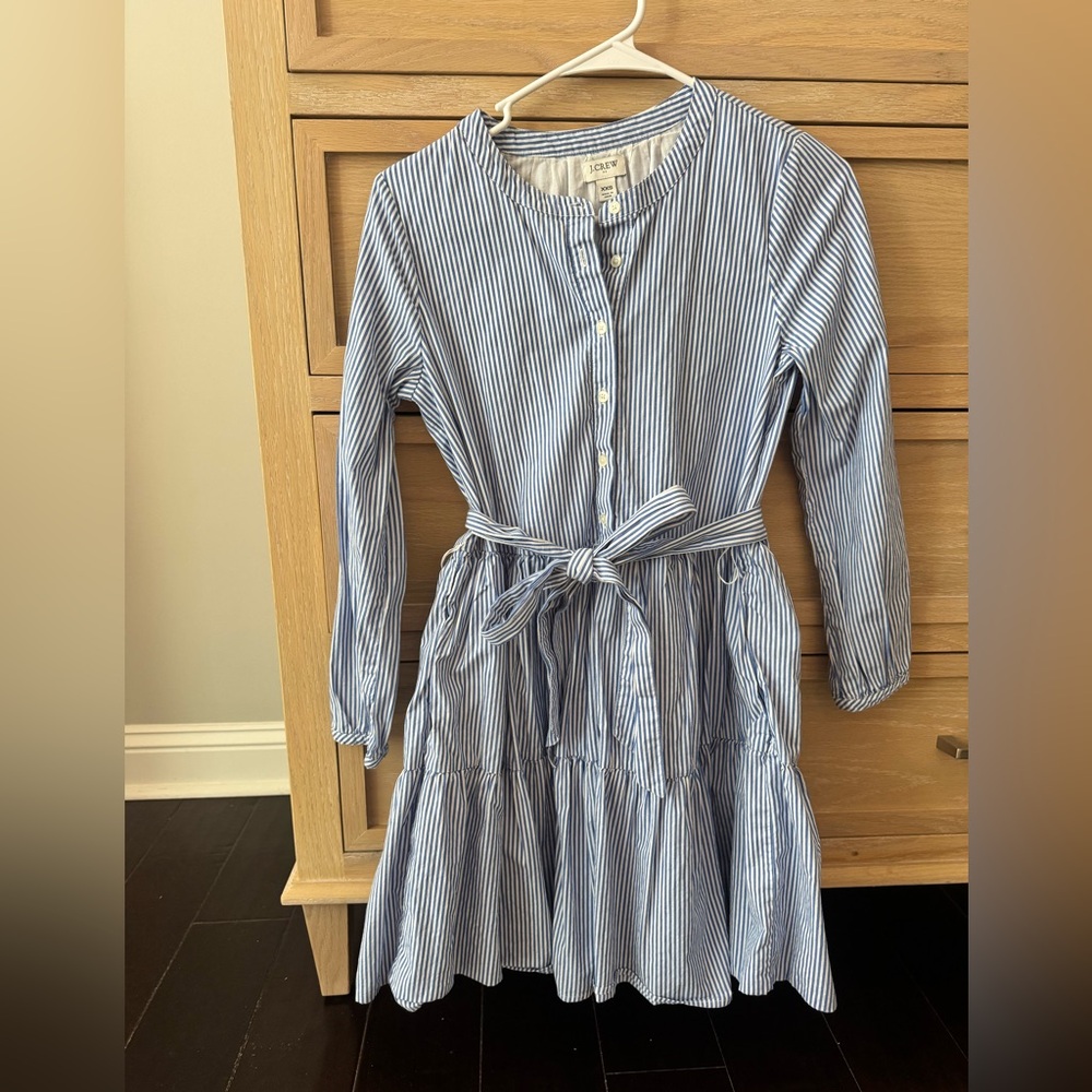 J. Crew Girls Blue and White Striped Tiered Shirt Dress with Tie